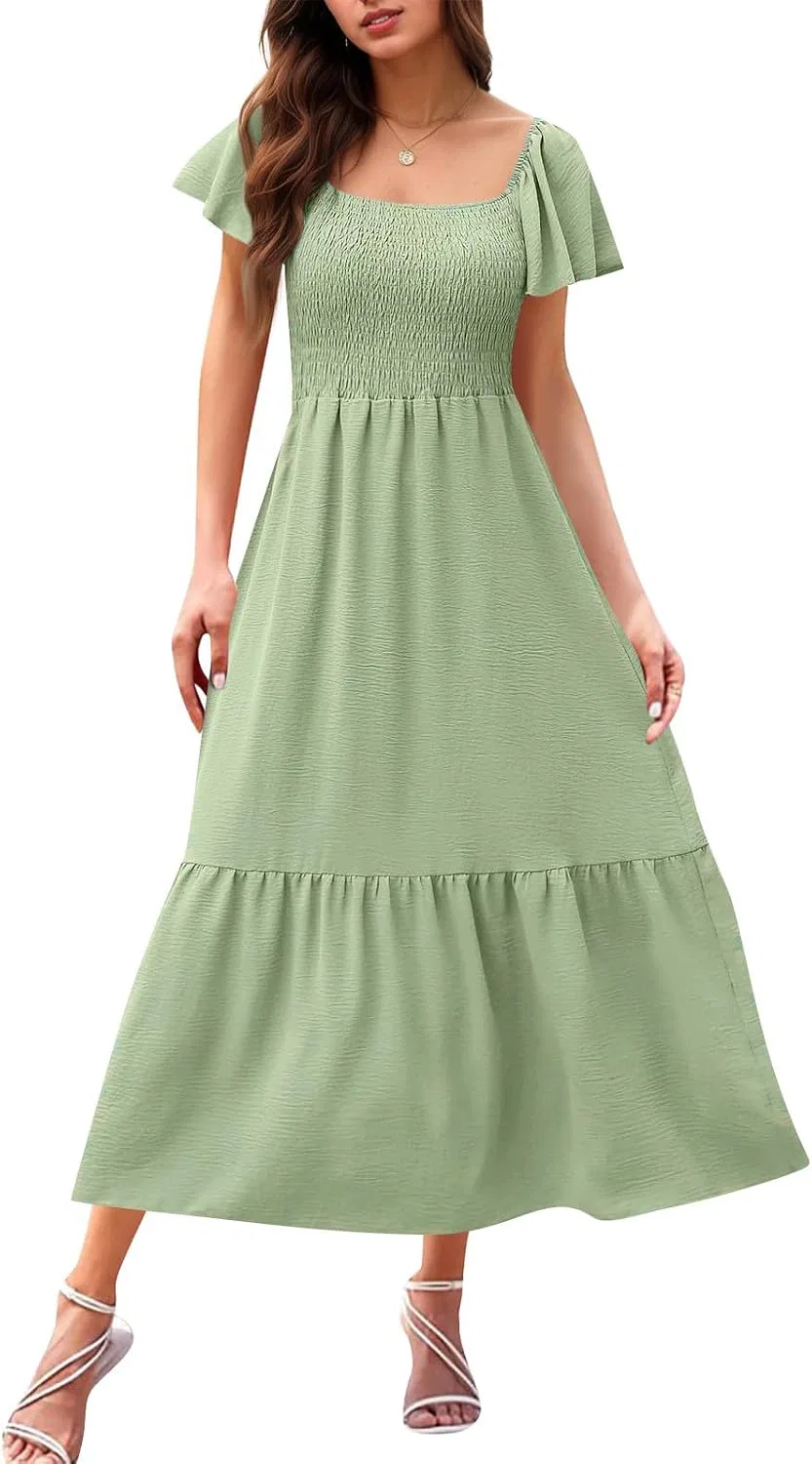 Женское платье миди с квадратным вырезом Tiered Smocked Dress Generic, Light Green — фото 3
