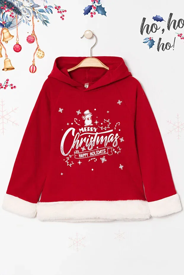 Детское худи для мальчиков с принтом Christmas Themed Hooded Beniizle, Red