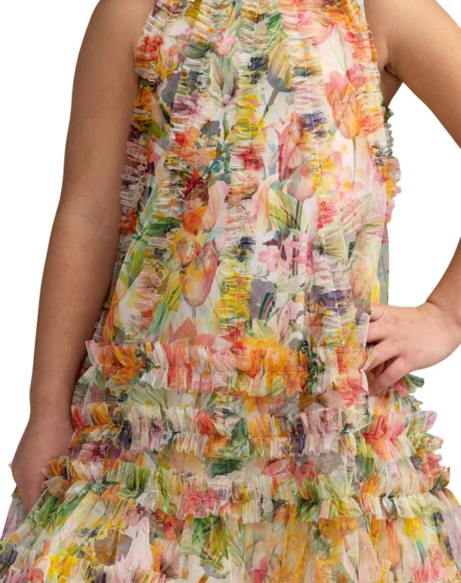 Платье-трапеция из сетки с цветочным принтом, модель Girls Mesh Floral Print A-Line Dress Mac Duggal, Ivory Multi — фото 3