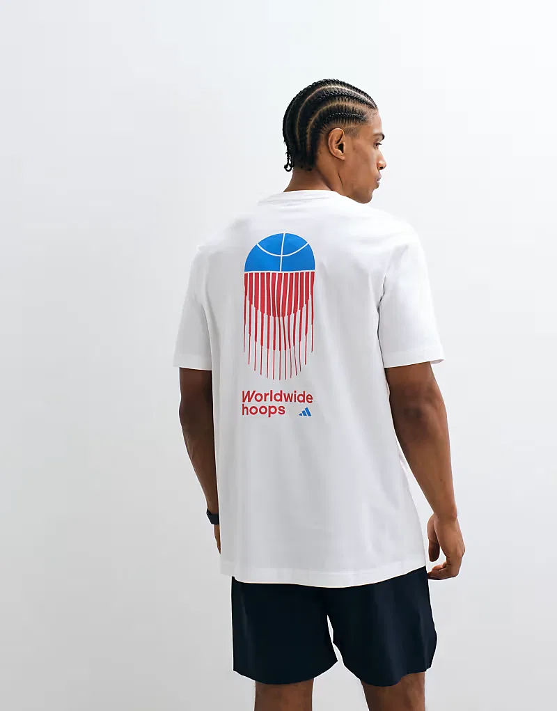 Тренировочная футболка Adidas с баскетбольным принтом на спине, белая — фото 4