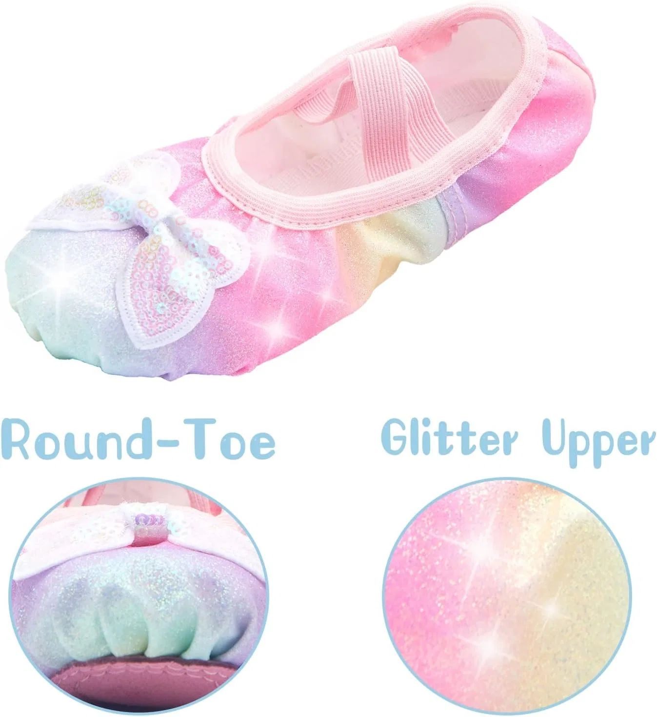 Детские балетки с блестками, с эластичными шнурками, модель Glitter Split-Sole, Anproity, Glitter Rainbow Butterfly — фото 3