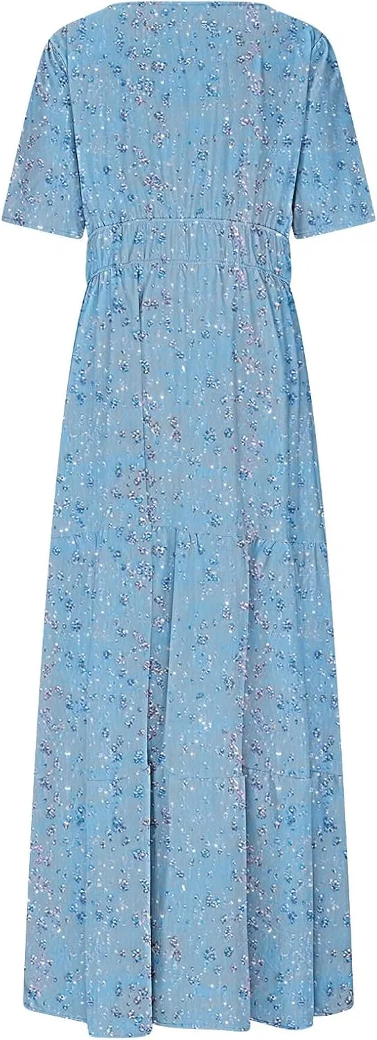 Женское летнее макси-платье с V-образным вырезом и эластичной талией, Light Blue — фото 4