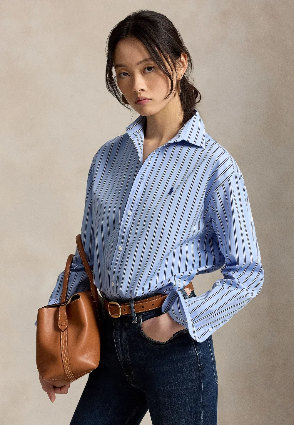 Свободная полосатая хлопковая рубашка - блузка на пуговицах Polo Ralph Lauren, Blue-White