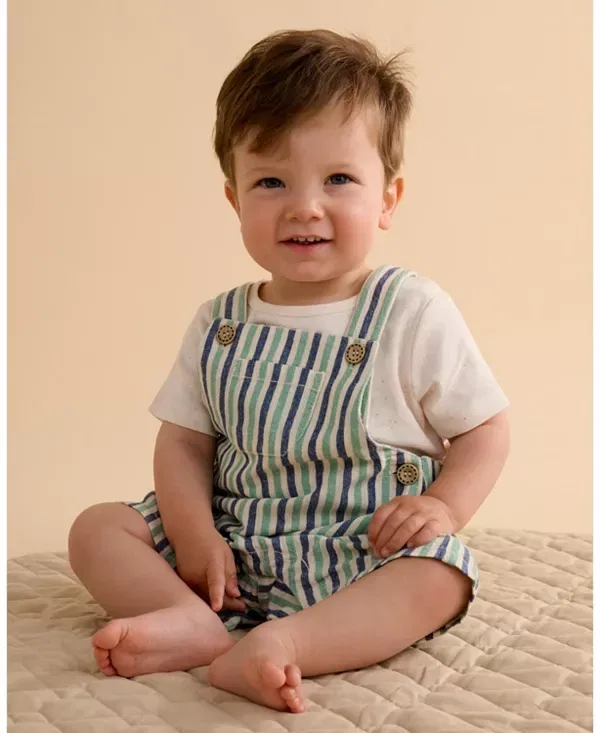 Детский комбинезон для мальчиков с принтом Boys' Striped Overalls Purebaby, Iguana Stripe — фото 2