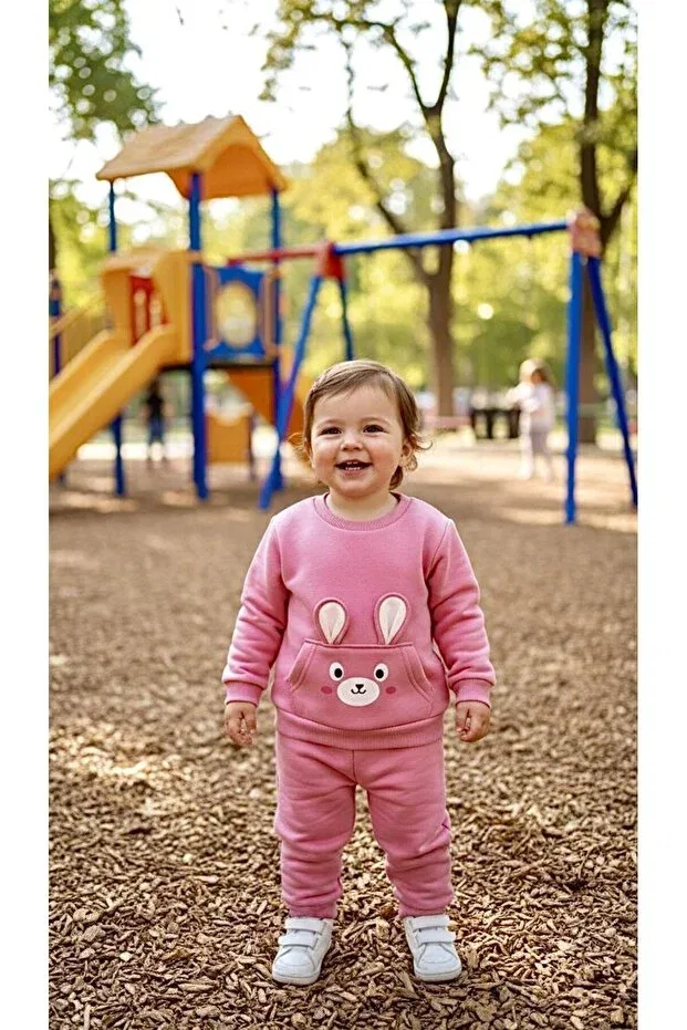 Детский комплект пижамы с принтом Bıcır 0050 pink rabbit ear baby tracksuit set with straps Sinem Çeyiz, Pink