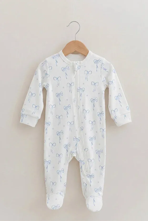 Детское боди-комбинезон на молнии с капюшоном Pureline Series Tuğba Kuğu, Blue Dainty Bow