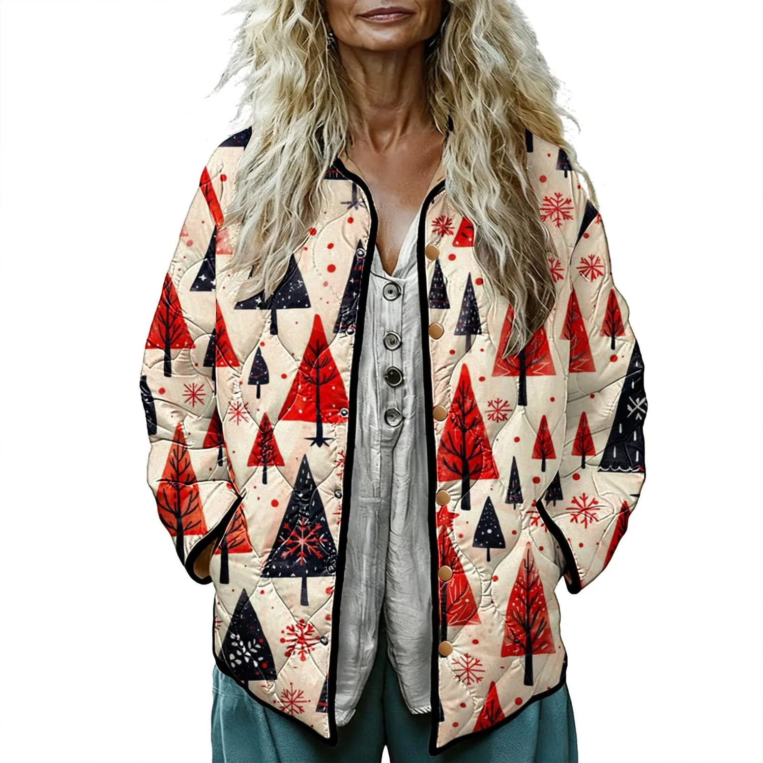 Женское утепленное пальто с рождественским принтом Christmas Printed Quilted Jacket, 2-rosso — фото 2