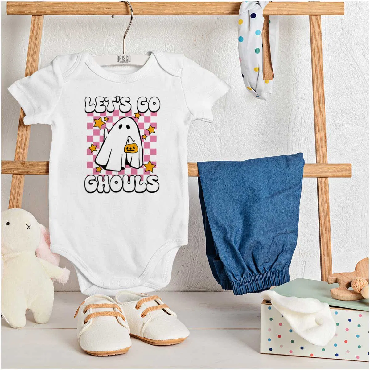 Детское боди для девочек с принтом Let's Go Ghouls Ghost Brisco Brands, White — фото 3