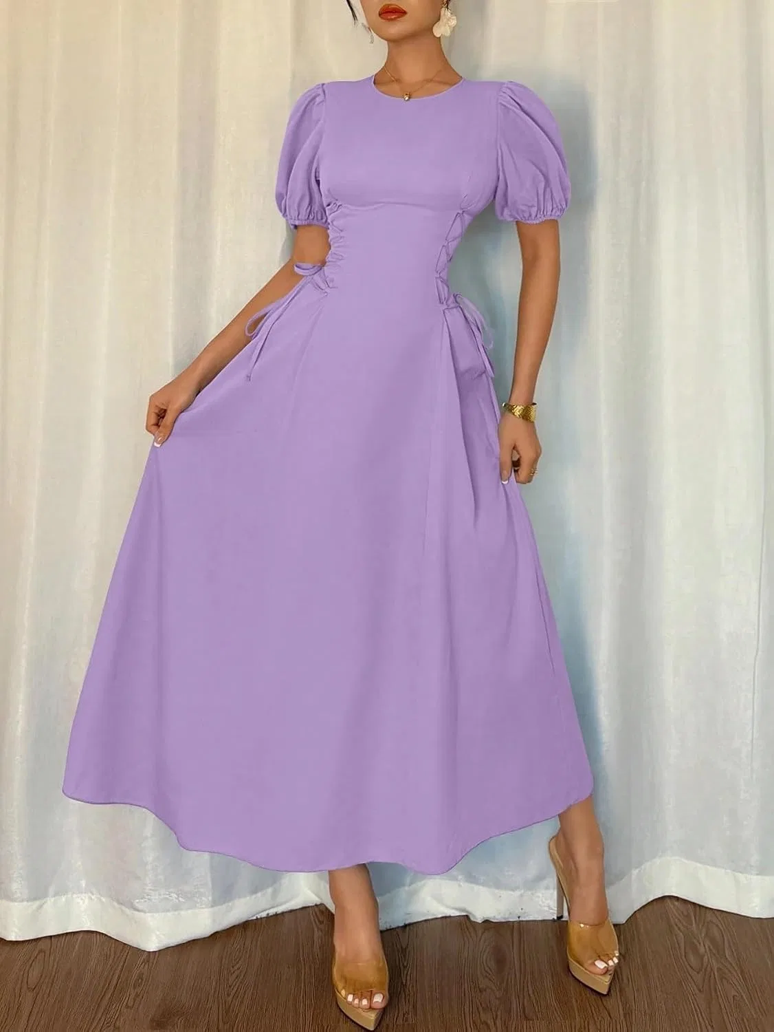 Женское повседневное платье миди A-силуэта с завязками, Mauve Purple — фото 3