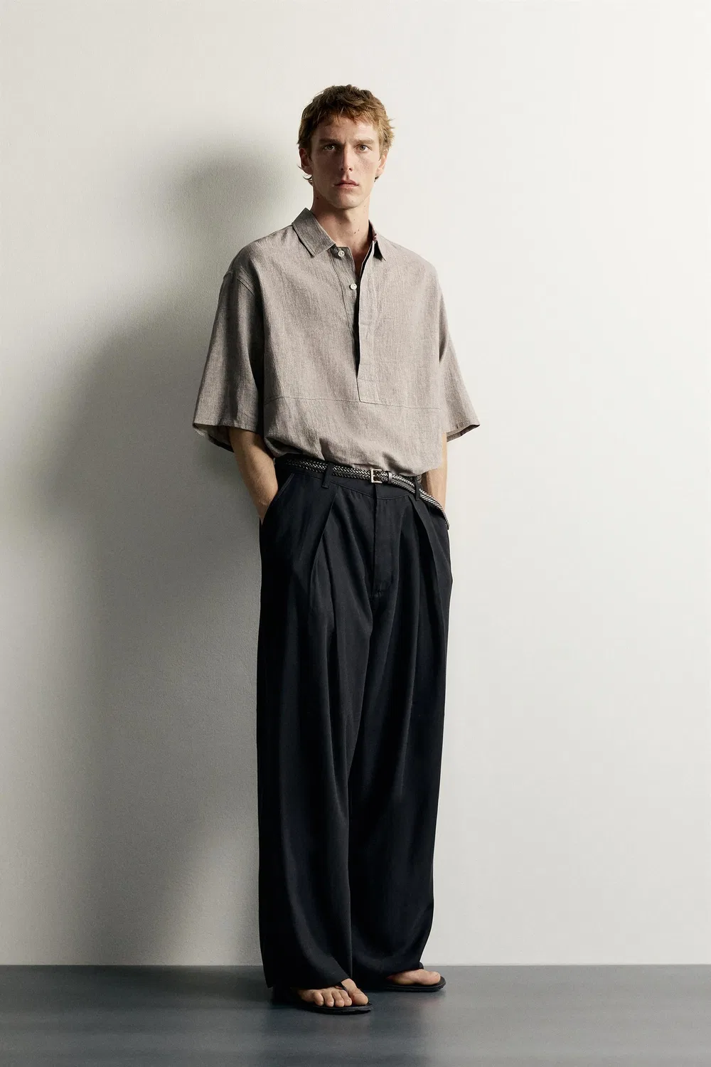 Поло свободного кроя из льна и хлопка. ZARA, Grey marl — фото 4