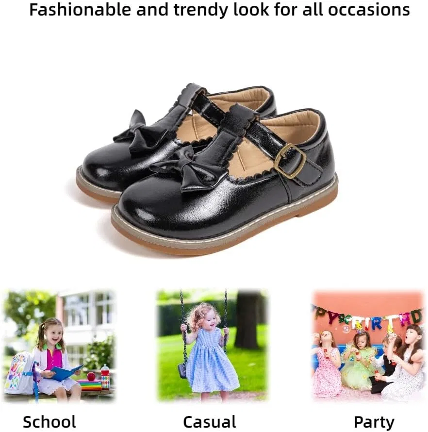 Детские туфли для девочек с бантом T-Strap Mary Jane Flats GOJERP, Black — фото 3