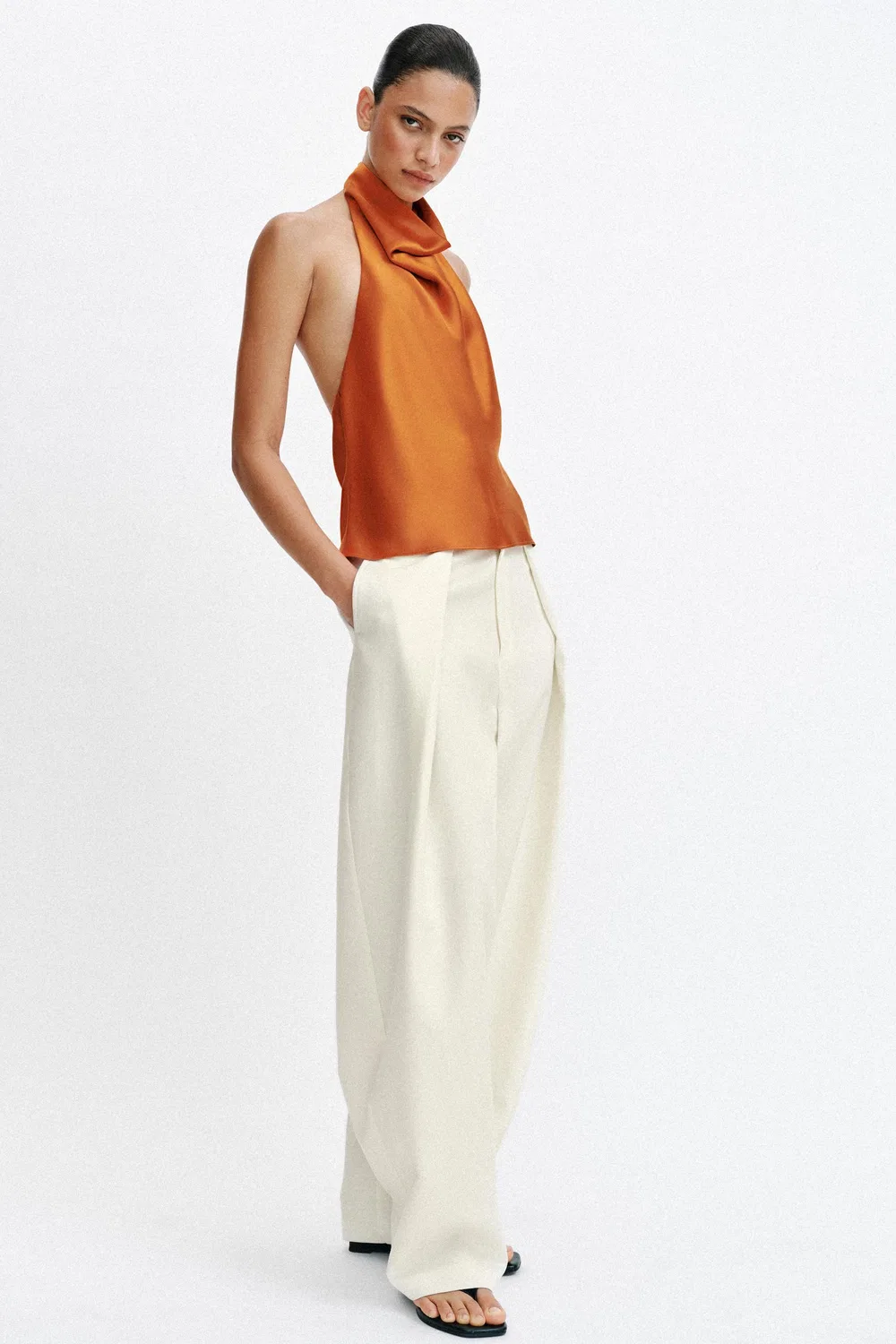 Атласный топ с завязками на шее ZARA, Orange — фото 4
