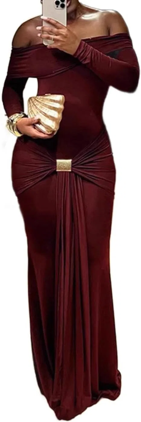 Женское вечернее платье макси с длинным рукавом off shoulder, 7
