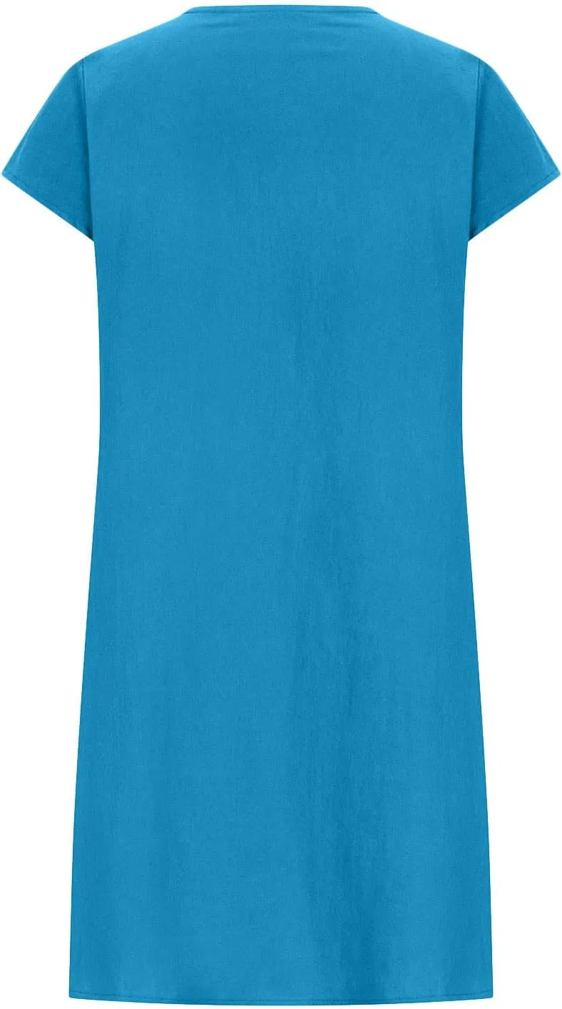 Женское летнее льняное платье с коротким рукавом, плиссированное, Sky Blue — фото 4