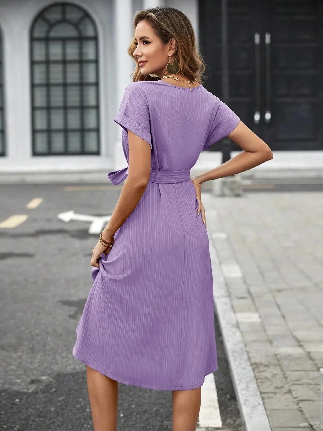 Женское повседневное платье миди с поясом и рукавами-кимоно, Mauve Purple — фото 2