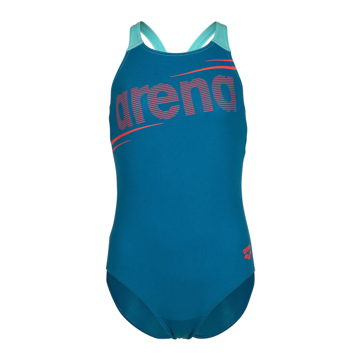 Детский купальник для девочек с принтом BOLD SWIMSUIT V BACK Arena, Konigsblau Rot Mediterranes Blau