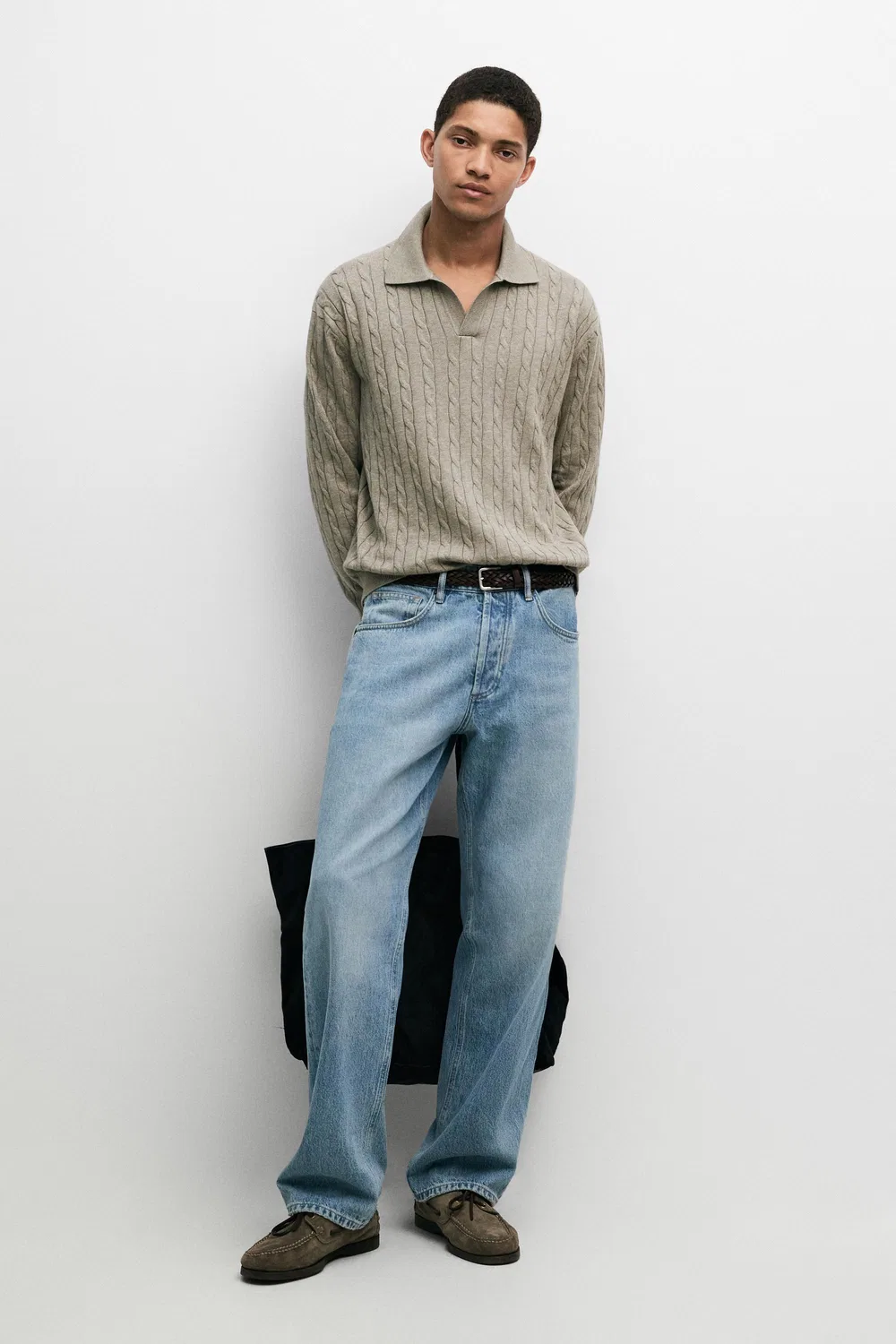 Поло-свитер Massimo Dutti, крупной вязки, серовато-зеленый