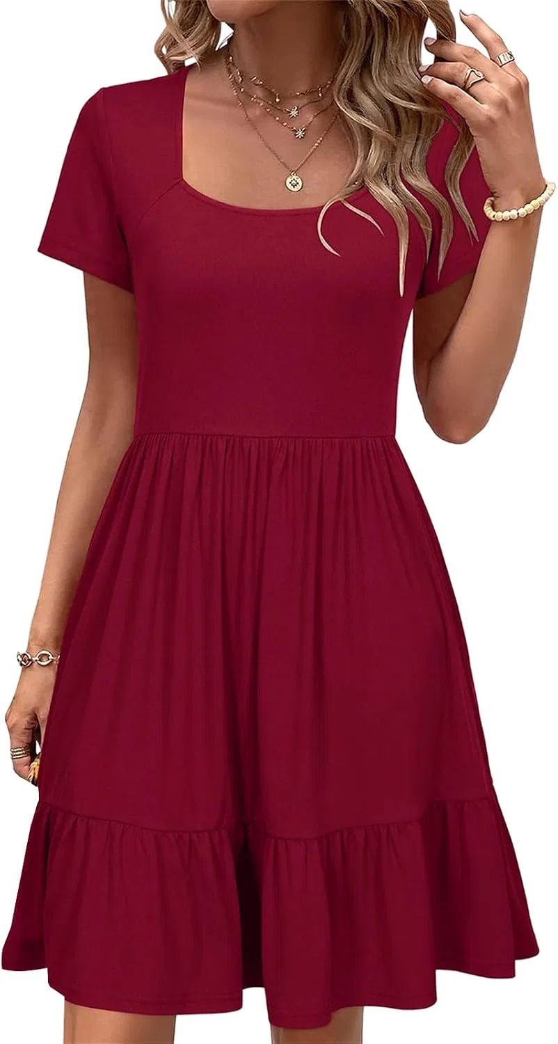 Женское мини-платье с рюшами, короткий рукав, Wine Red