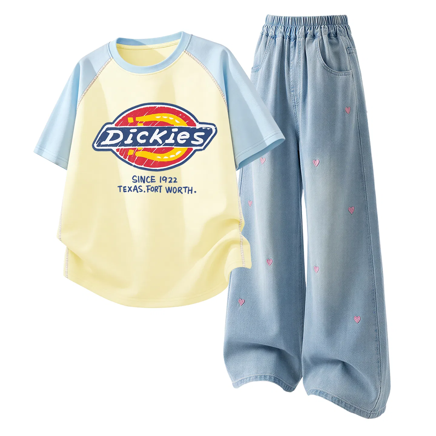 Детский комплект из футболки и джинсовых шорт, с принтом, Dickies, Suede Label White Solid Color Denim Light Blue — фото 3