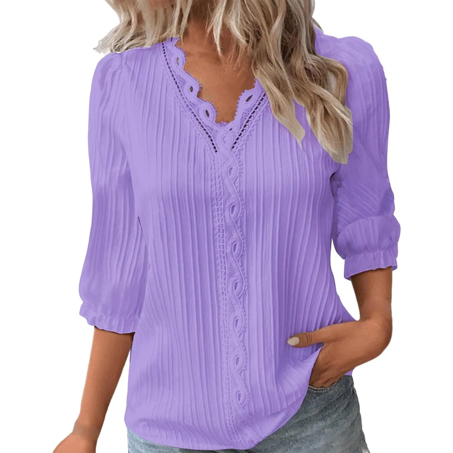 Женская футболка с v-образным вырезом и кружевным воротником, модель Elegant Irregular Collar, Lilac — фото 4