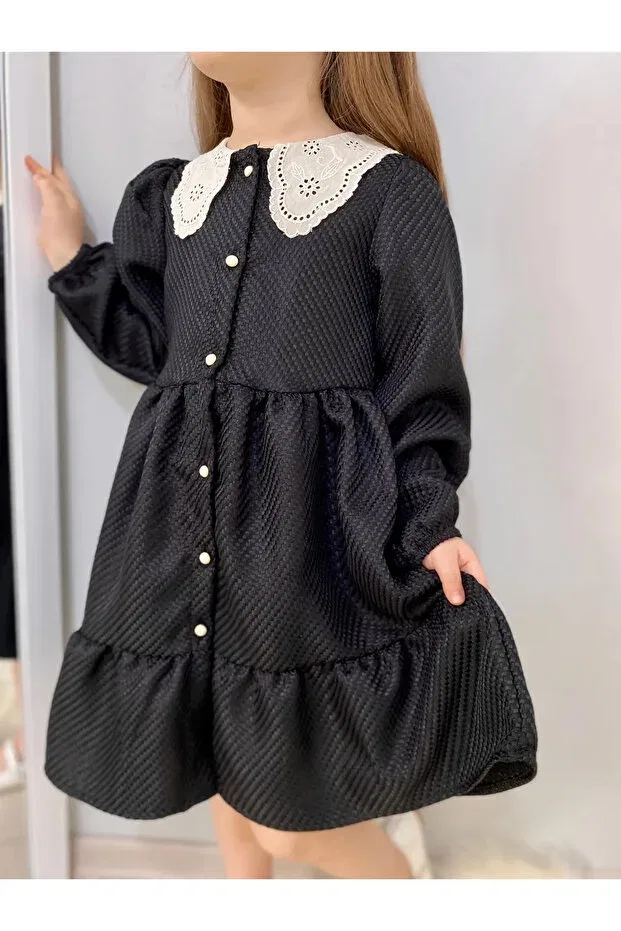 Детское платье для девочек с длинным рукавом Wednesday ready collar vintage Valery, Черный — фото 3