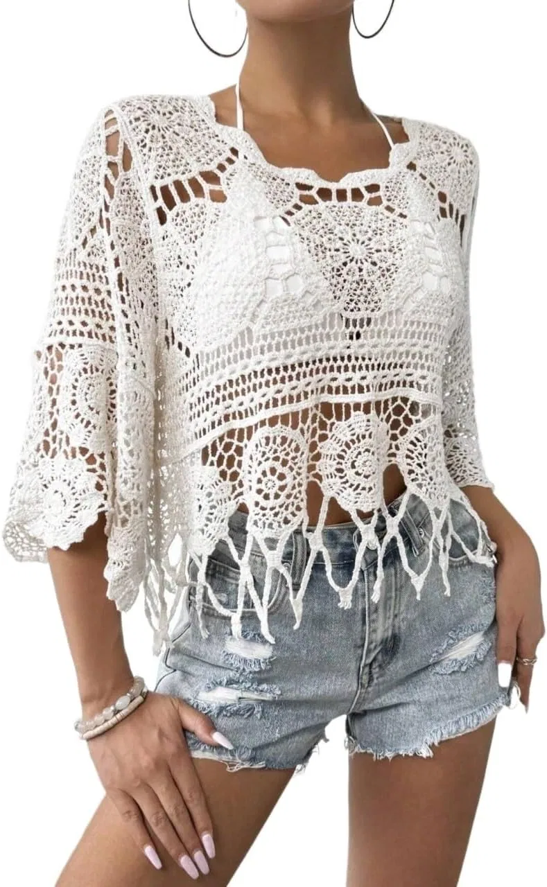 Женская пляжная туника с круглым вырезом Knit Hollow Out, White