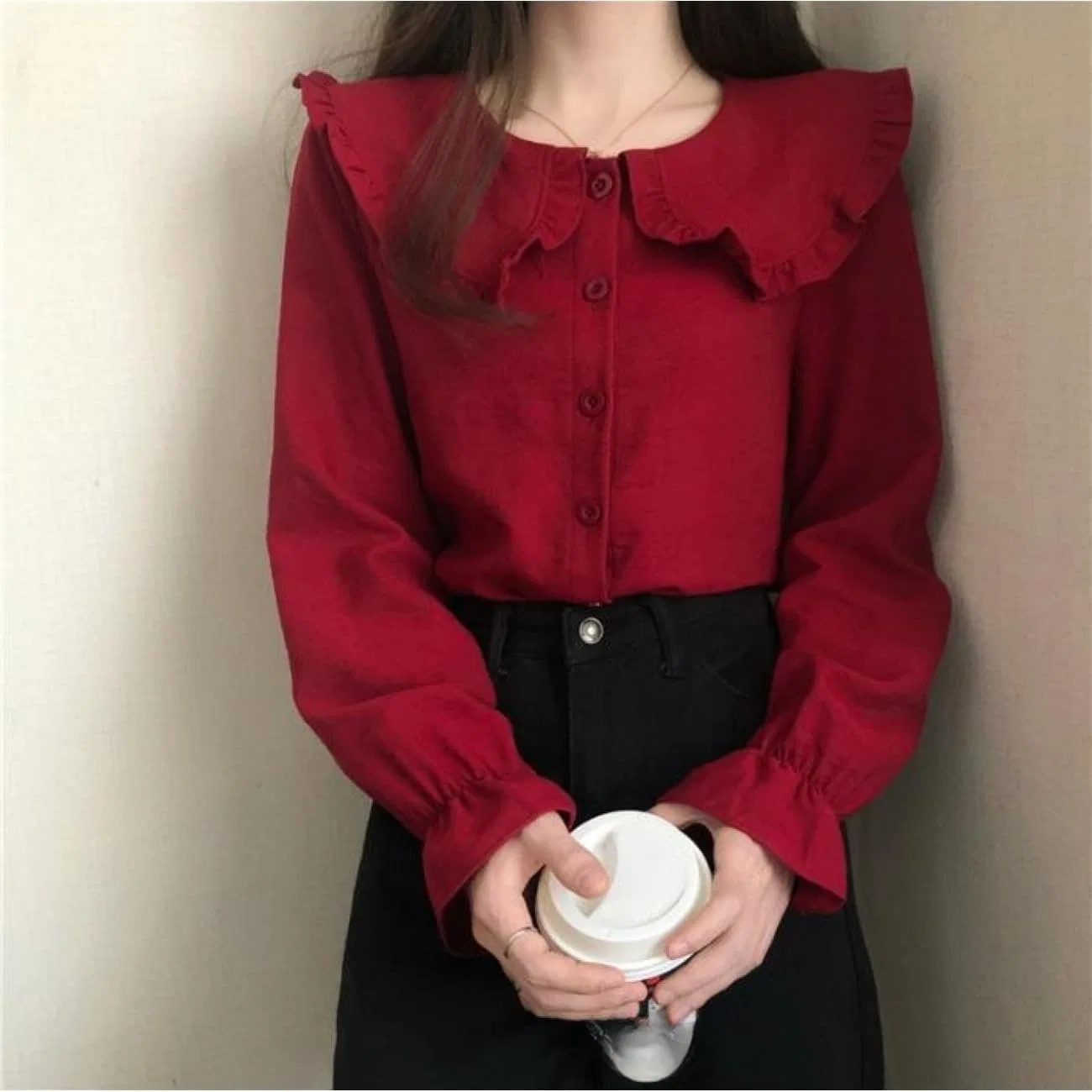 Блуза с фрилловым воротником, длинный рукав, белый — фото 4