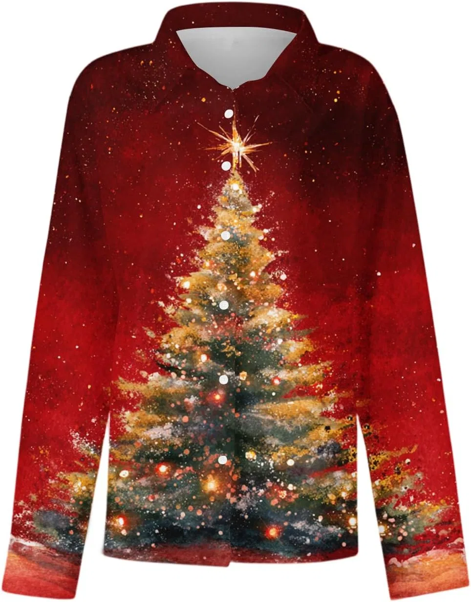 Женская блуза с рождественским принтом, Oversized, длинный рукав, 2-red — фото 3