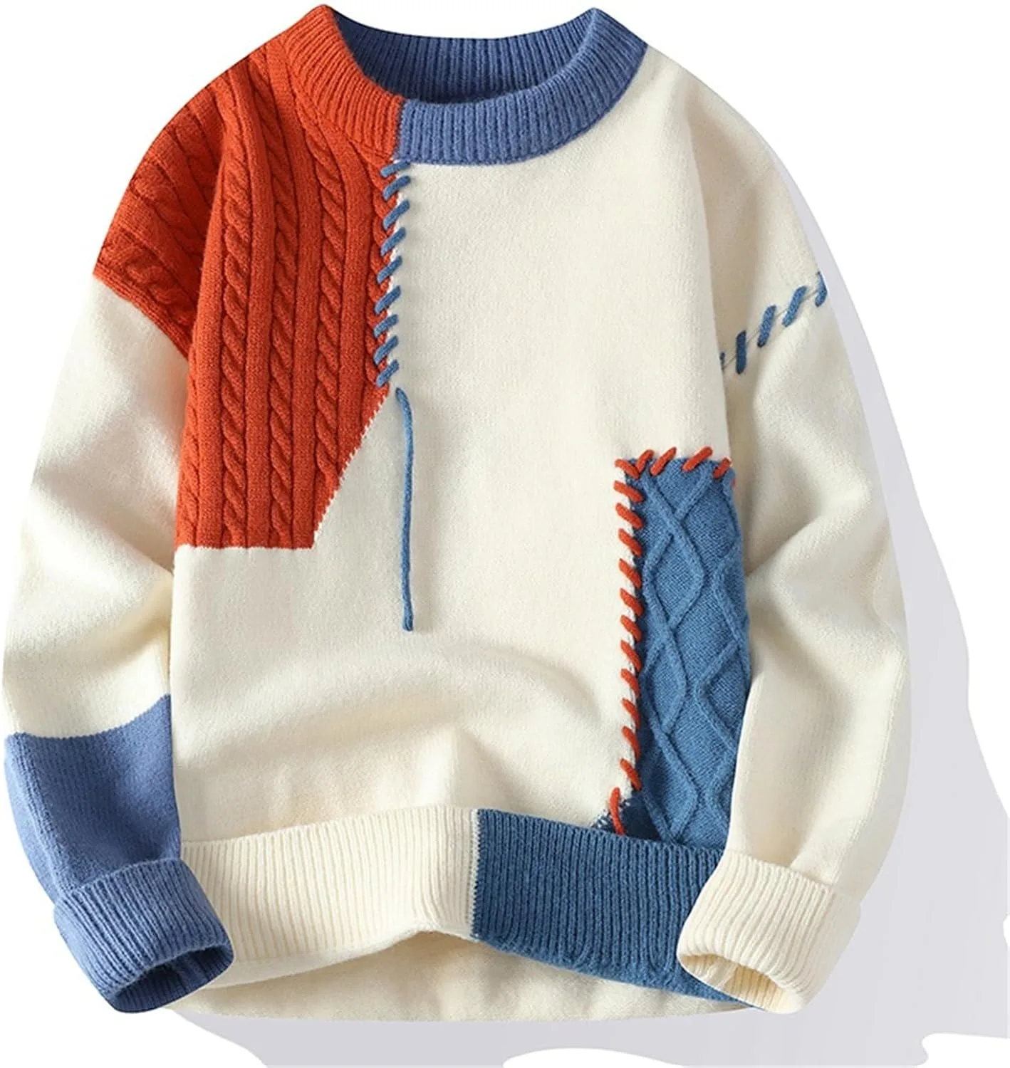 

Мужской свитер с косой вязкой, свободный крой, цветной блок