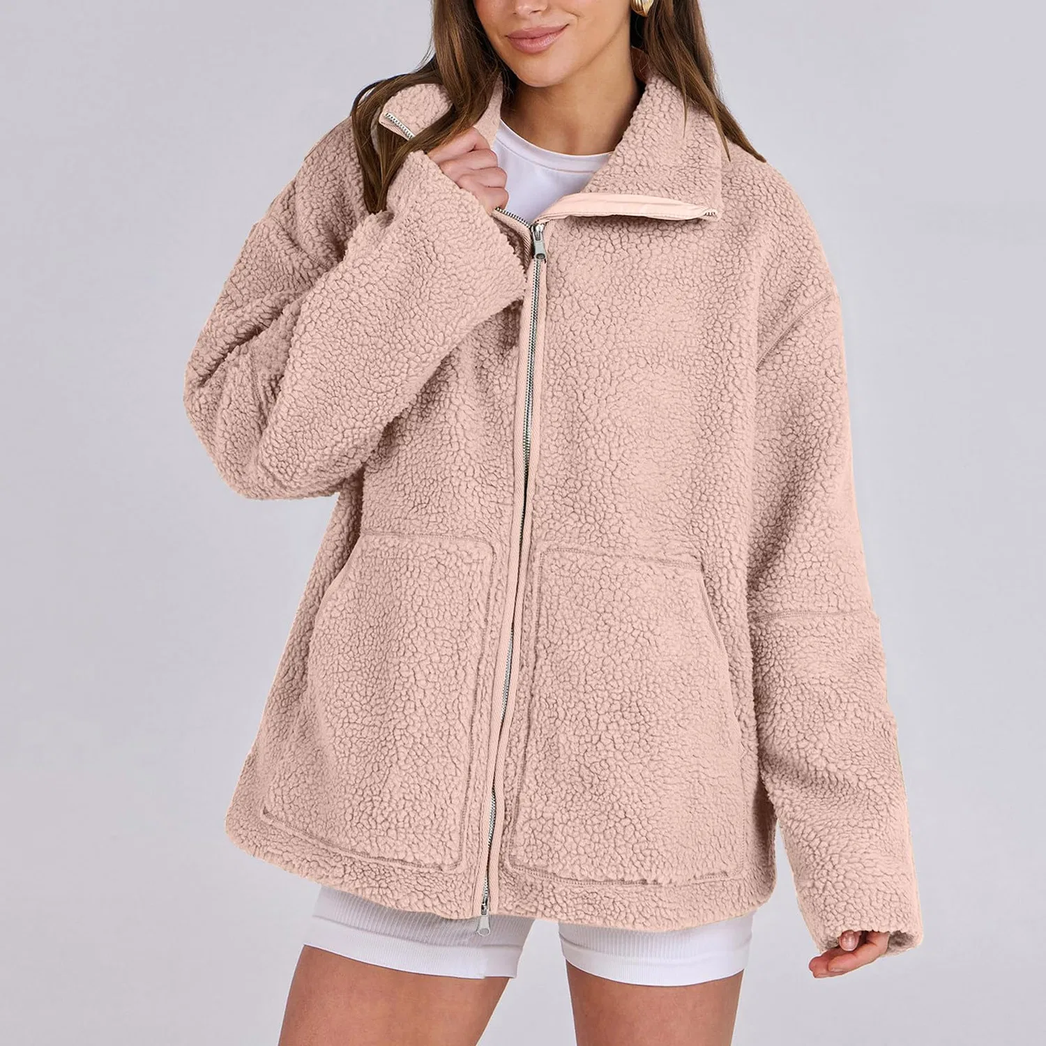 Женское пальто из флиса Sherpa с принтом мишки, оверсайз, rosa — фото 3