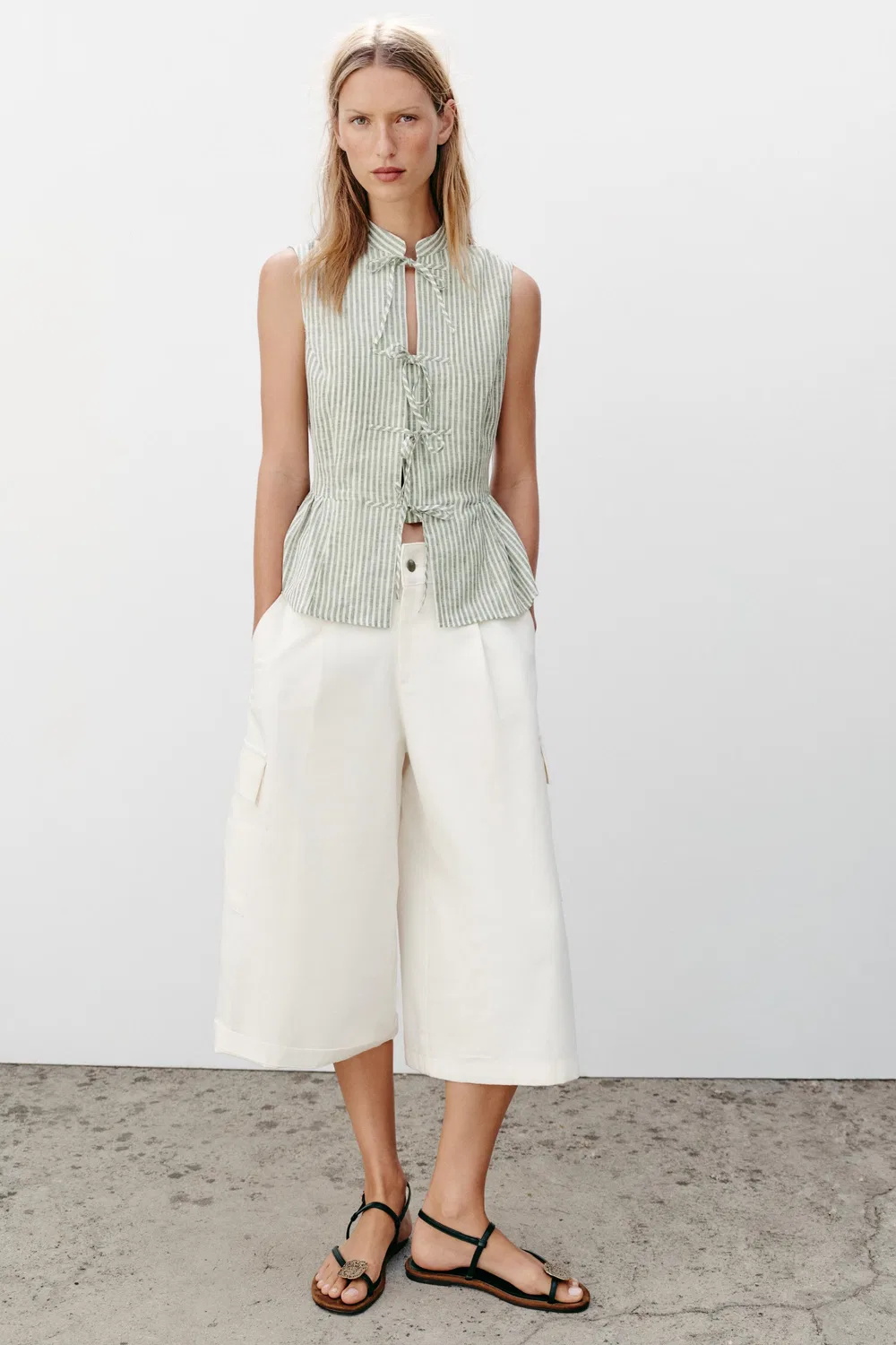 Полосатый топ с бантиками из металлизированной нити ZARA, Green/Ecru