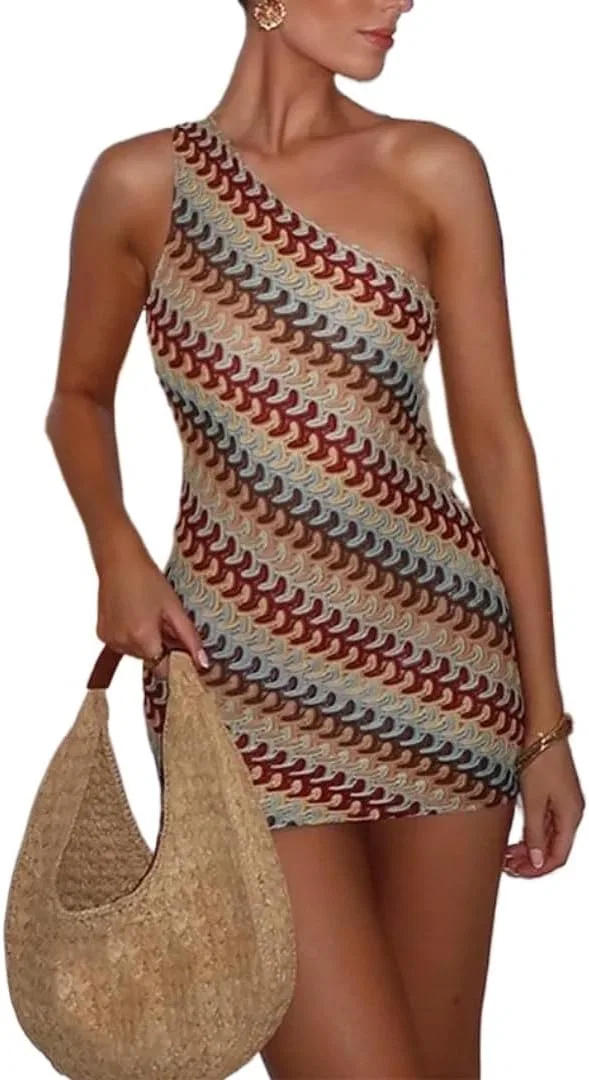 Женское облегающее платье с асимметричным плечом, Black/Multicolor