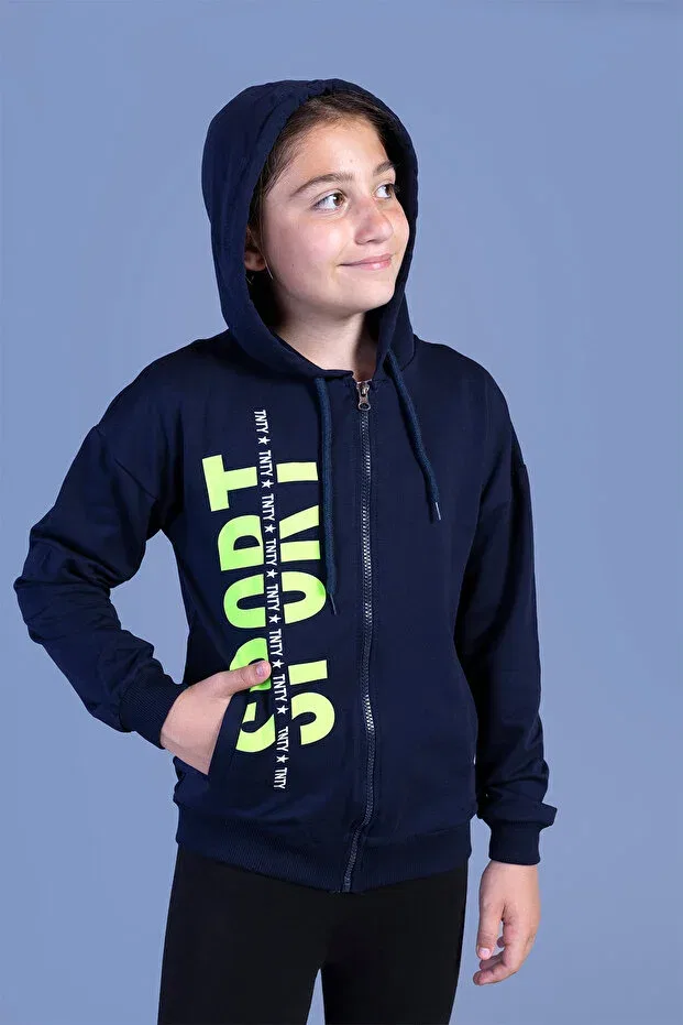 Детский кардиган для девочек с капюшоном с принтом Toontoy, Navy Blue