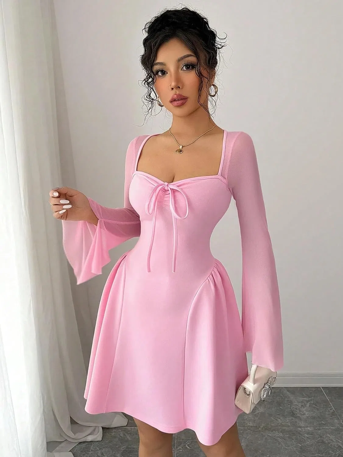 Женское мини-платье A-силуэта с бантом Casual, Pink — фото 3