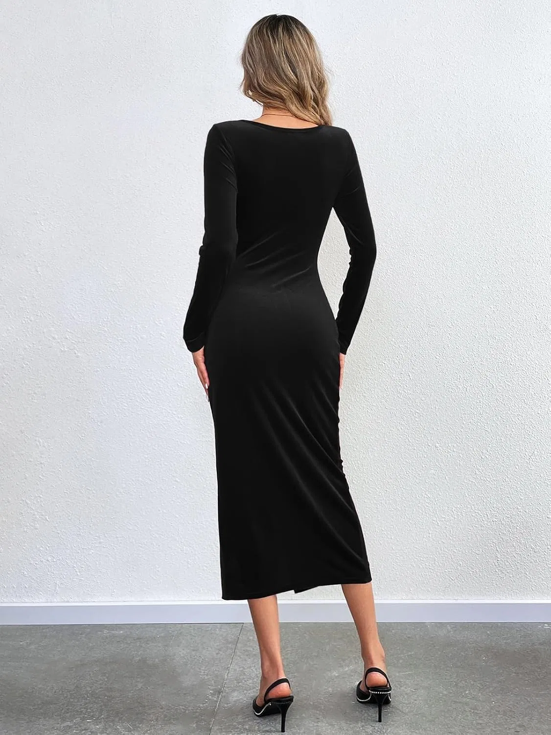 Женское бархатное платье с разрезом, Velour Cut Out Long Slim Dress — фото 4
