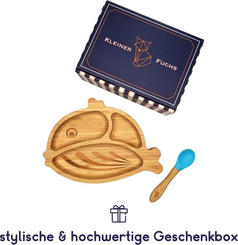 Детский тарелка из бамбука с присоской и ложкой Fisch, DS Produkte, синий — фото 4