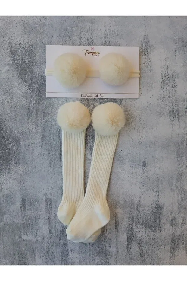 Детские носки для девочек с помпонами Pempem Bandana, Cream