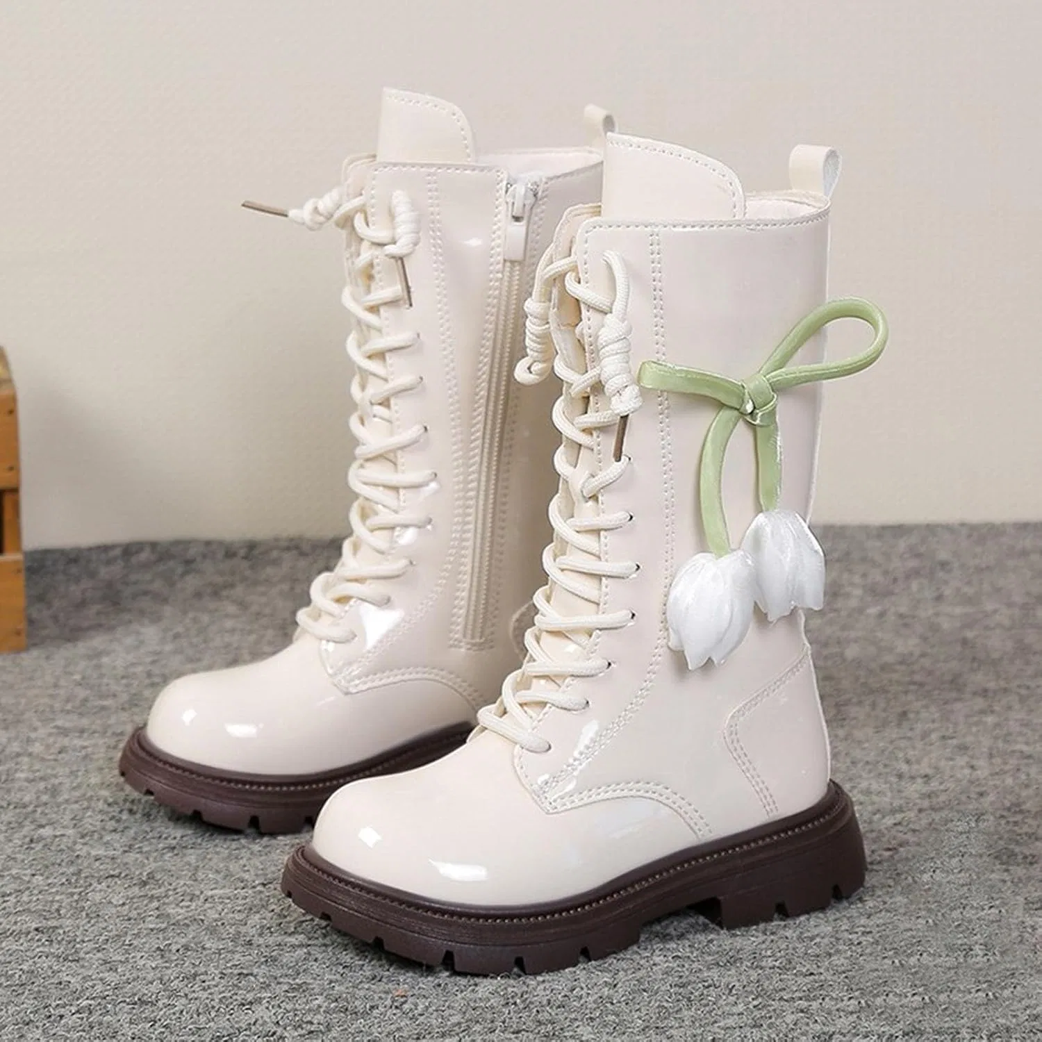 Детские ботинки для девочек с принтом на шнуровке Cowboy Platform Round Toe, White — фото 2