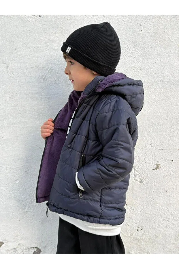 Детское зимнее пальто для девочек стеганое с капюшоном Free Arslan Collection, Navy Blue — фото 2