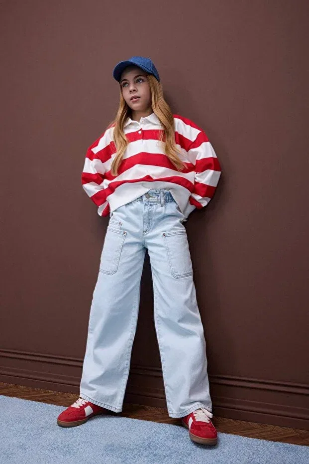 Детские брюки для девочек широкие с карго-карманами Paperbag cargo wide leg cotton trousers girls d7110a825sp Defacto, Blue-nm63