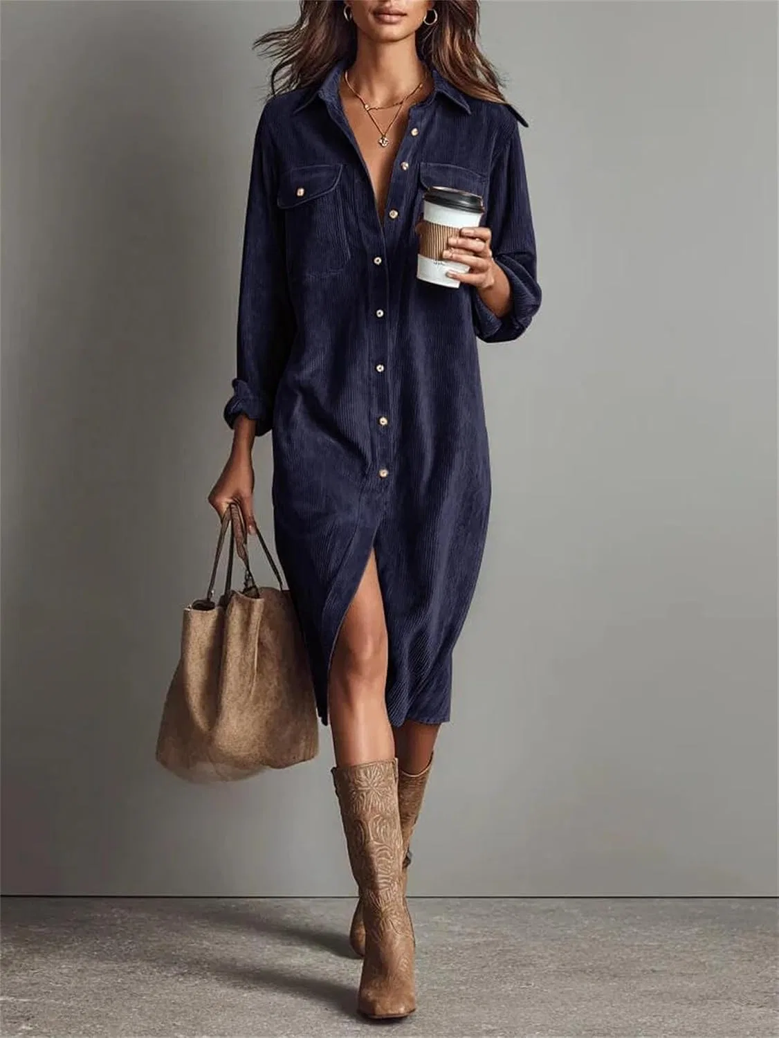 Женское платье-рубашка из вельвета A-line, Navy Blue — фото 3