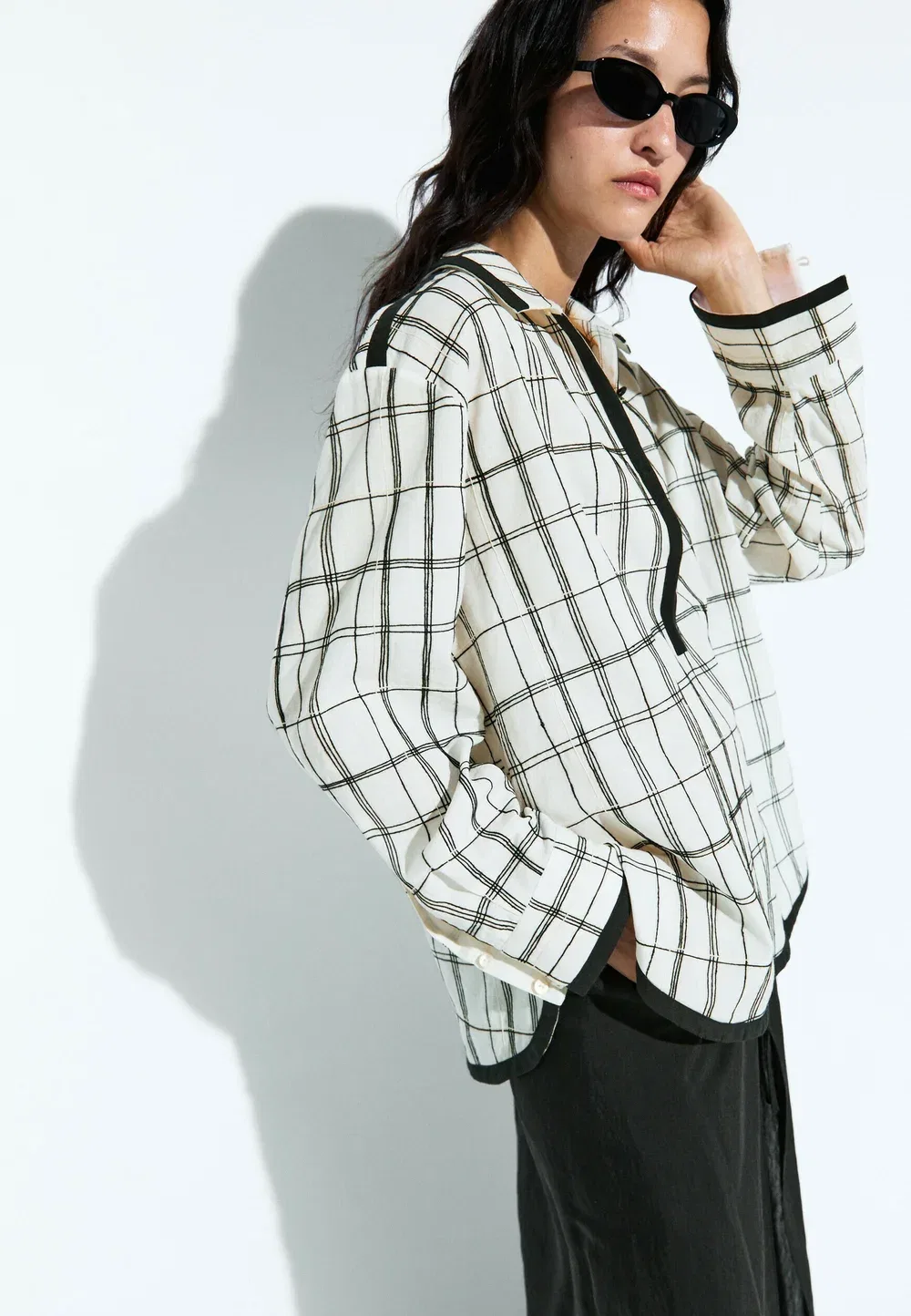 Рубашка-Блузка в клетку из смесовой хлопковой ткани Massimo Dutti, White — фото 3