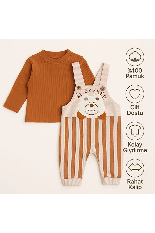 Детский комплект для мальчиков с принтом Topwear and Bear Embroidered Salopet Myzi Store, Cinnamon Beige — фото 2
