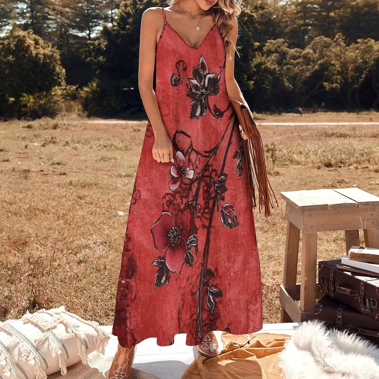 Женское летнее платье макси с запахом, с принтом, Red Boho — фото 2