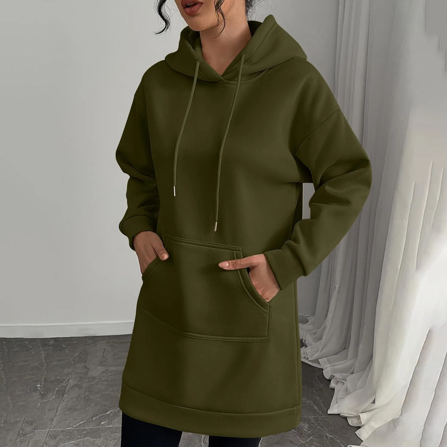 Женское худи-платье с капюшоном и карманом, Army Green — фото 3