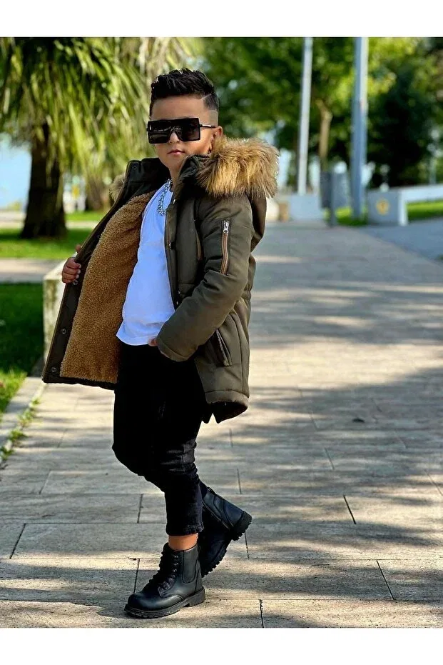Детское пальто для девочек с капюшоном Fur-Lined coat with detachable hood Tunay Moda, Khaki — фото 2