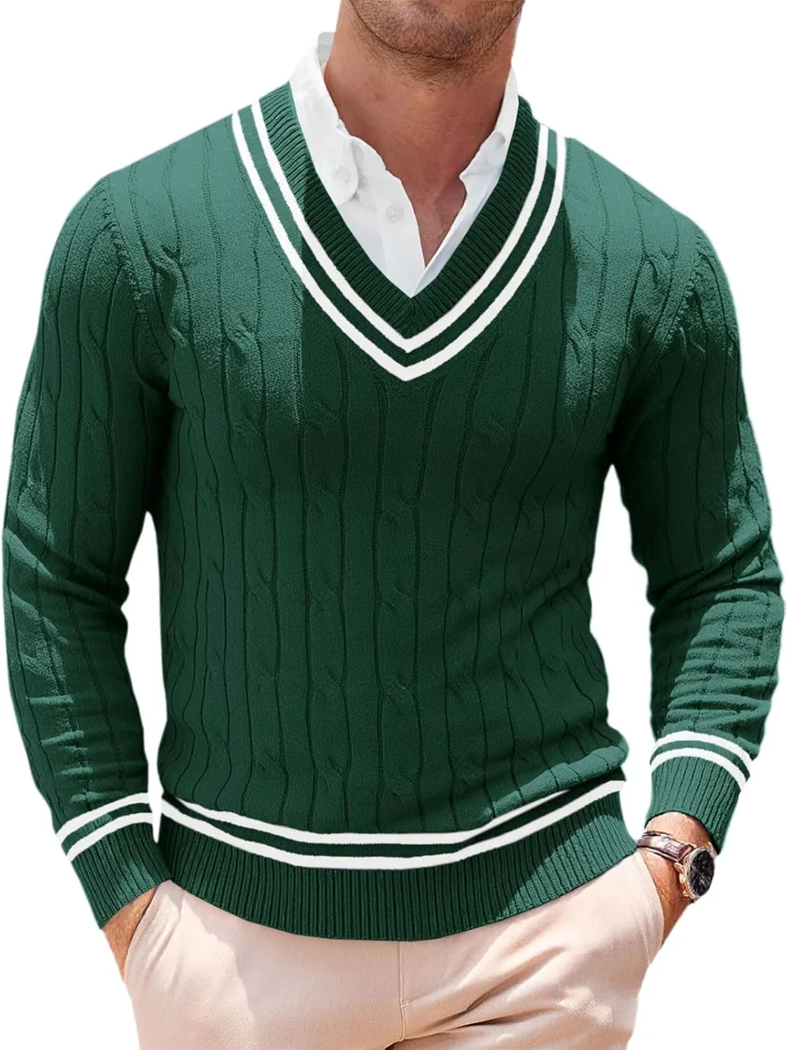 

Runcati мужской свитер с V-образным вырезом, кабельная вязка, slim fit