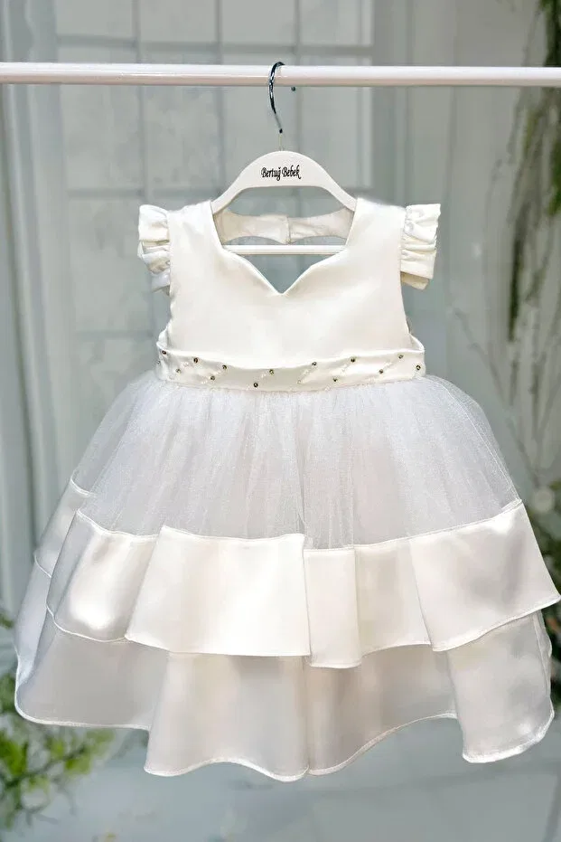 Детское платье для девочек с бисерной вышивкой Bertuğ Bebek, Off-White