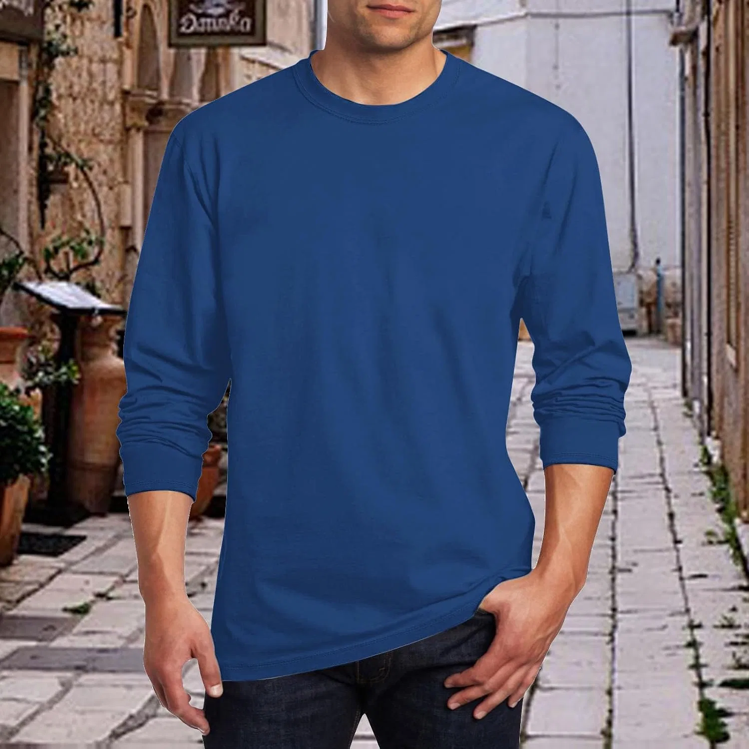 Мужская футболка с длинным рукавом хлопковая Crew Neck, Blue — фото 2