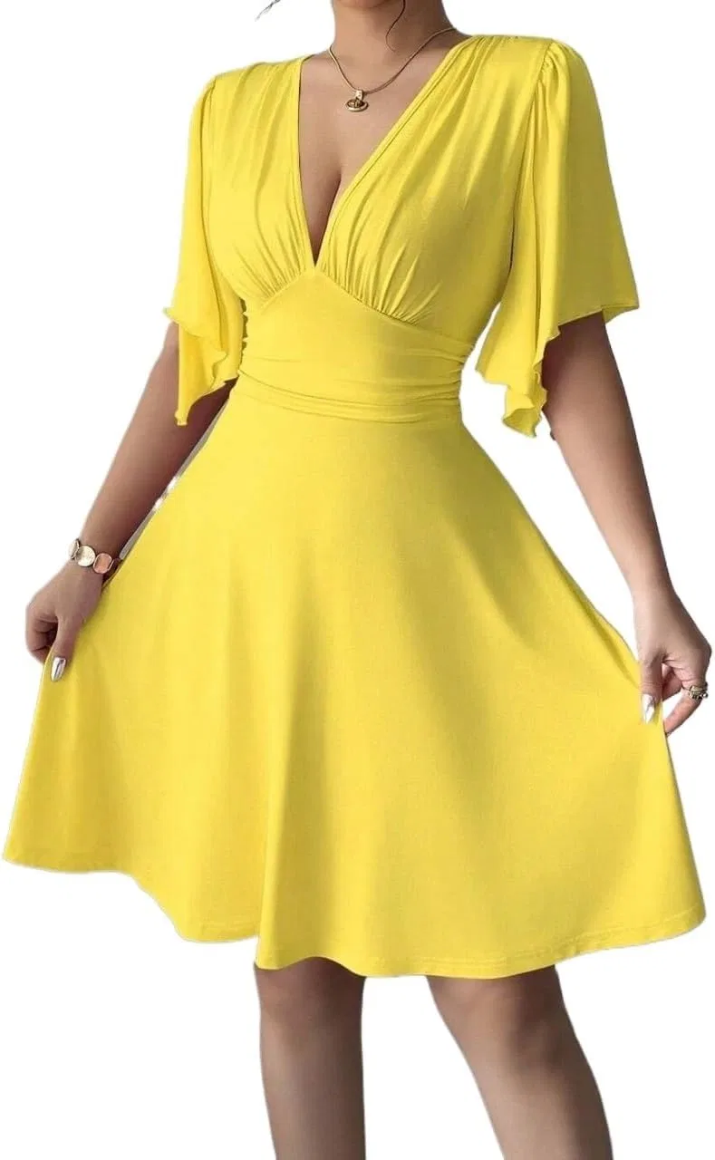 Женское облегающее мини-платье A-силуэта с драпировкой V-образным вырезом, Yellow